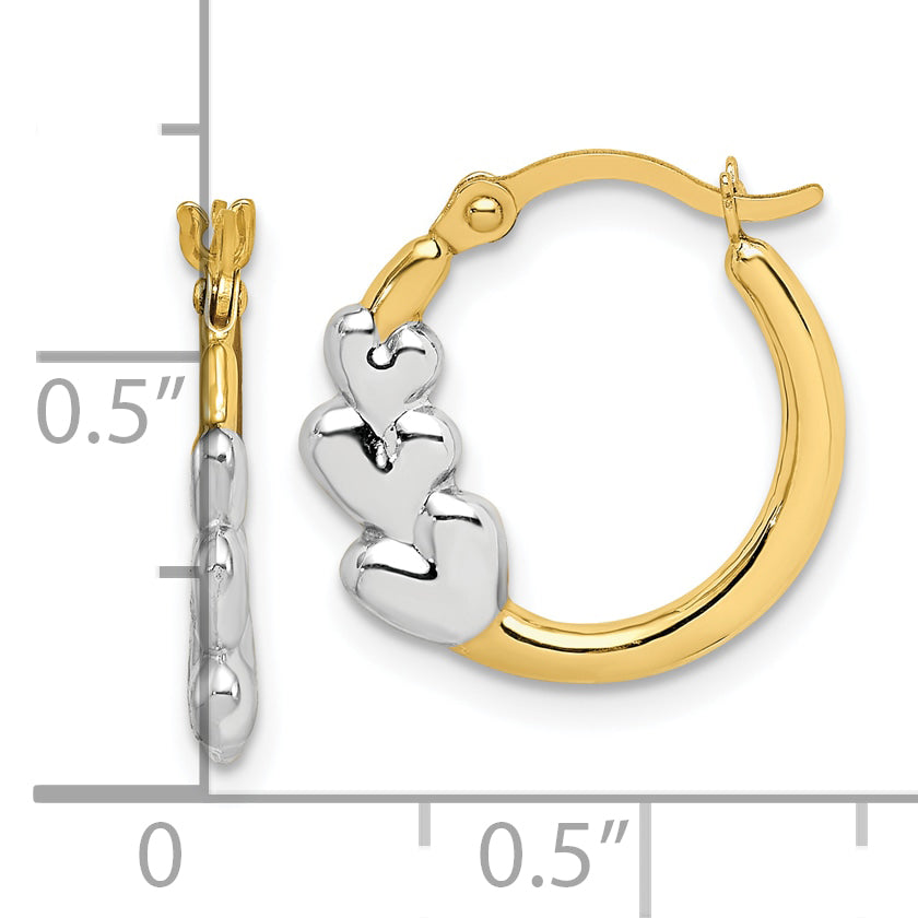 10K Gelb mit Rhodium und Rhodium Herzen Hohl Creolen