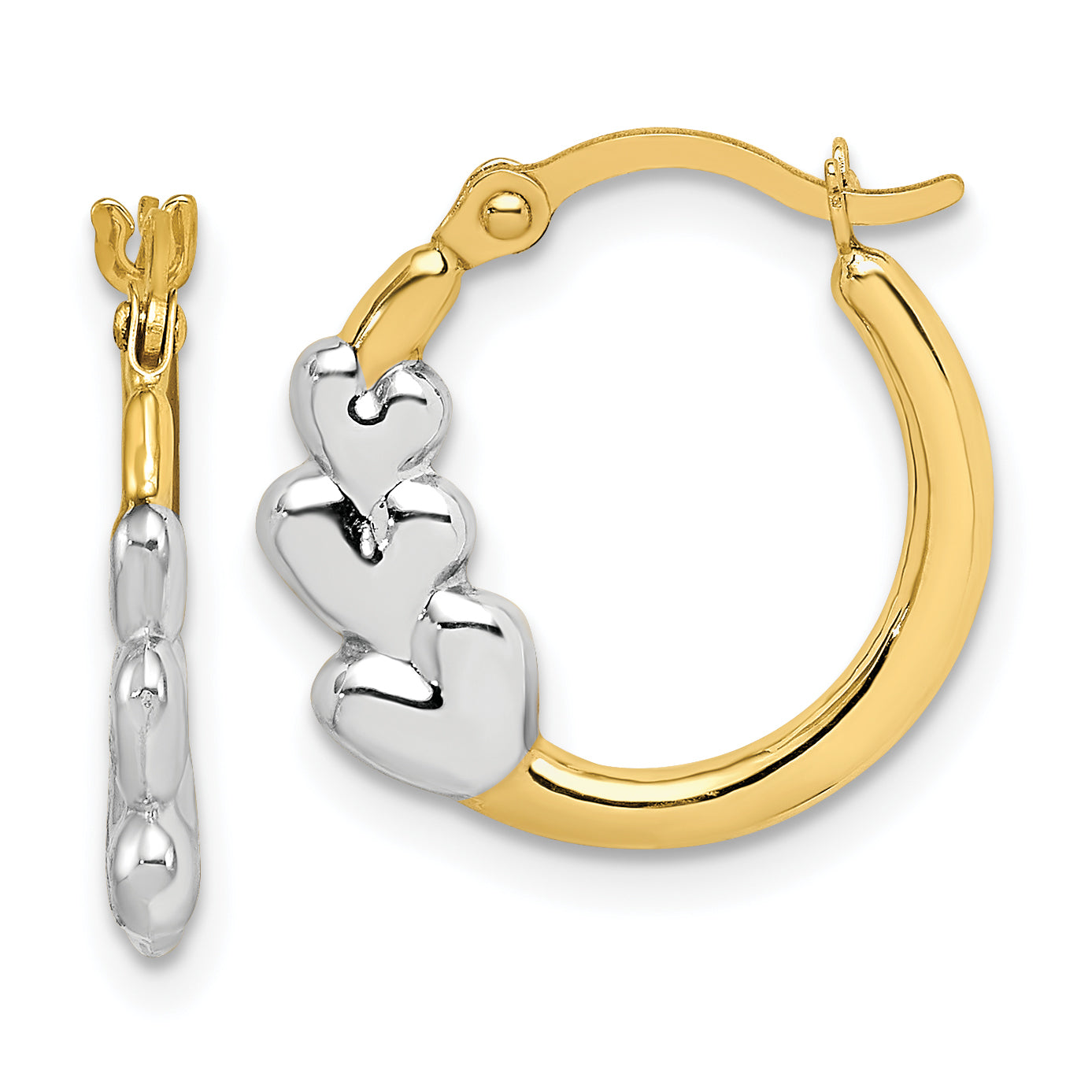10K Gelb mit Rhodium und Rhodium Herzen Hohl Creolen