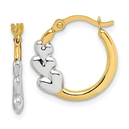10K Gelb mit Rhodium und Rhodium Herzen Hohl Creolen