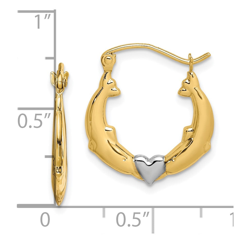 10K Gelb mit Rhodium und Rhodium Delfin Herz Hohl Creolen