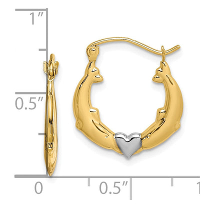 10K Gelb mit Rhodium und Rhodium Delfin Herz Hohl Creolen