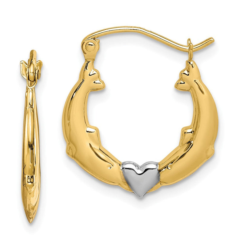 10K Gelb mit Rhodium und Rhodium Delfin Herz Hohl Creolen
