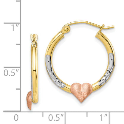 10K Bicolor & Weiß Rhodium Diamantiert Herz Creolen