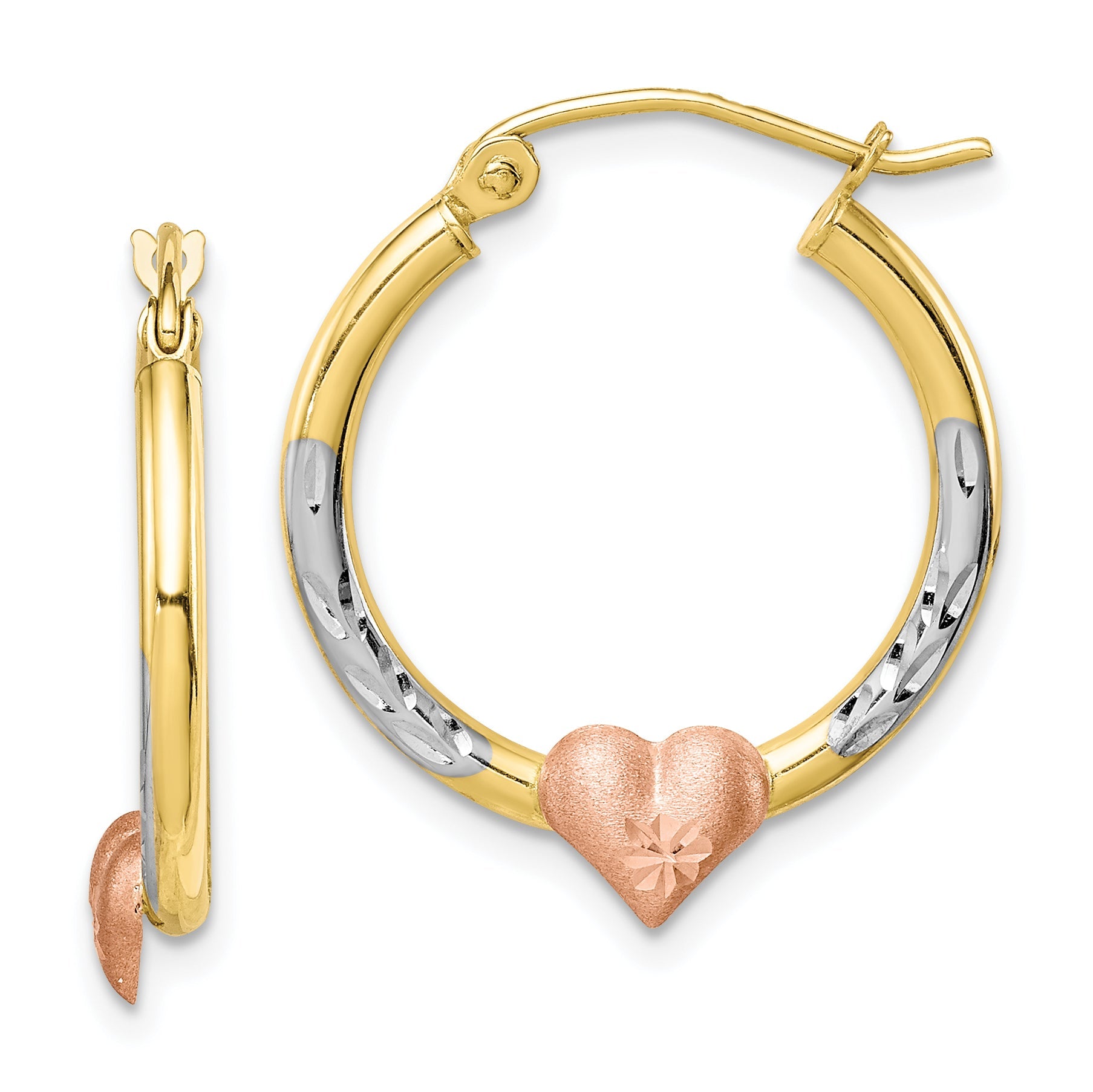 10K Bicolor & Weiß Rhodium Diamantiert Herz Creolen