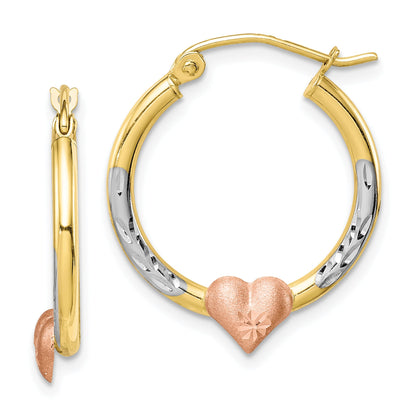 10K Bicolor & Weiß Rhodium Diamantiert Herz Creolen