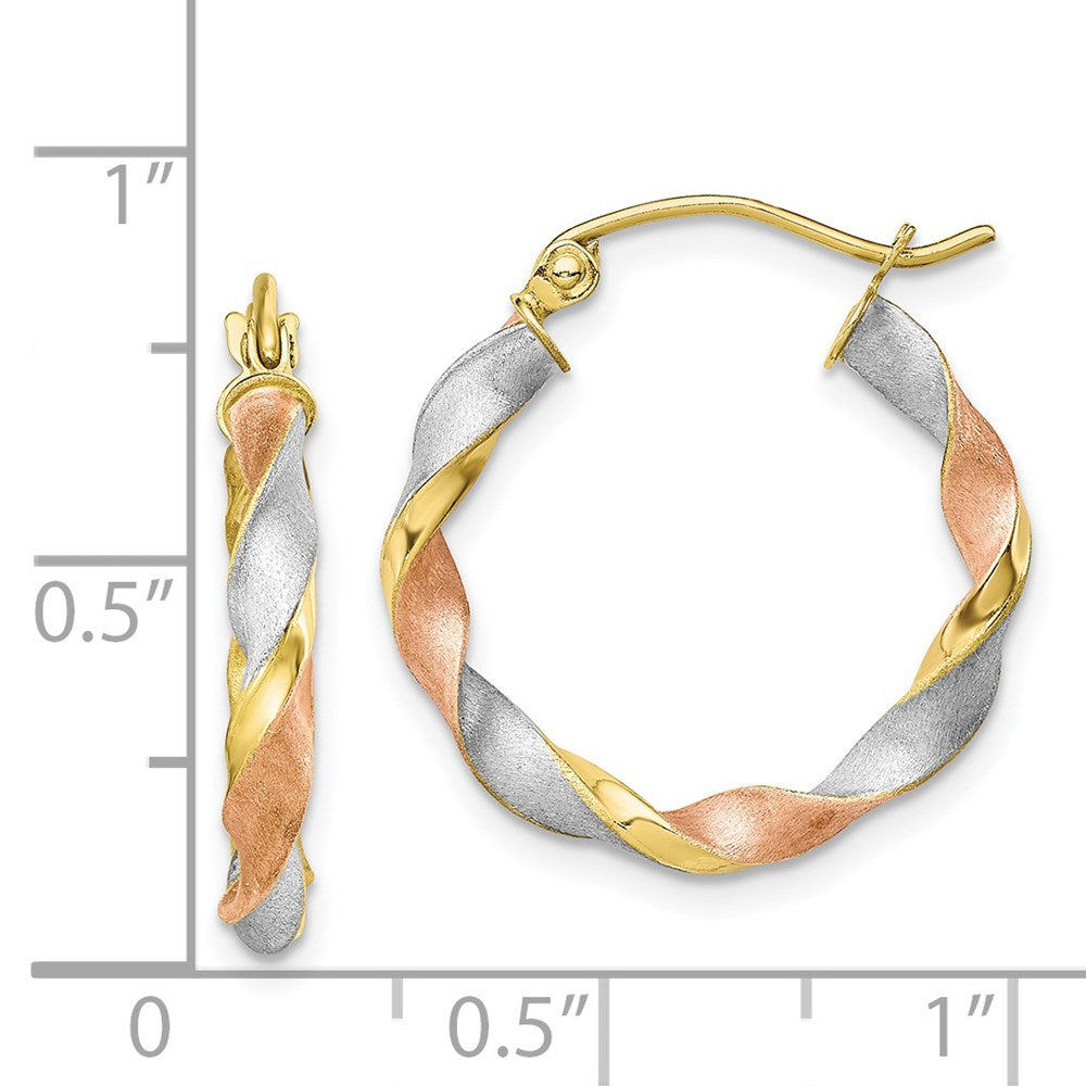 10K Gelb mit Rhodium Weiß & Rose Rhodium Satiniert Gedreht Creolen