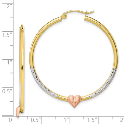 10K Bicolor & Weiß Rhodium Diamantiert Herz Creolen