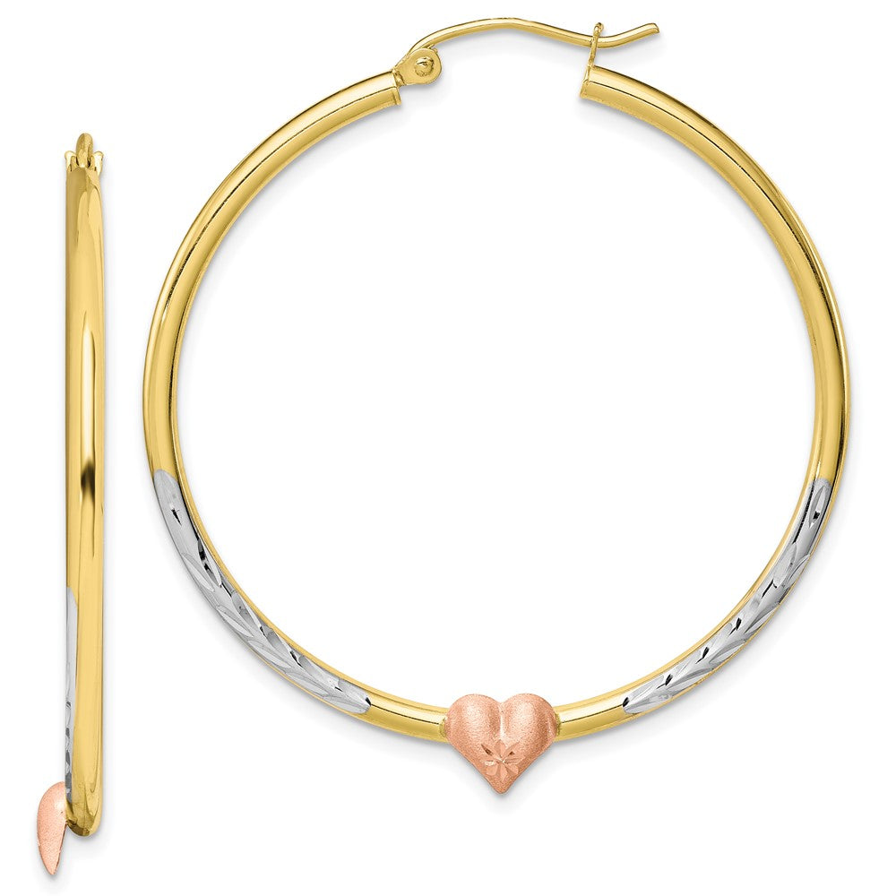 10K Bicolor & Weiß Rhodium Diamantiert Herz Creolen