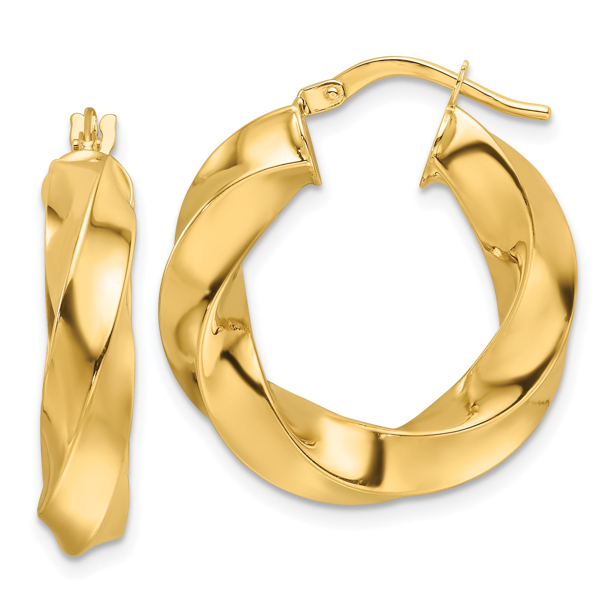 10K Gelbgold 10ky Poliert 5.25mm Hohl Gedreht Rund Creolen