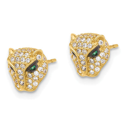 10K Gelbgold 10K Poliert Klar & Grün Zirkonia Lioness Kopf Ohrstecker