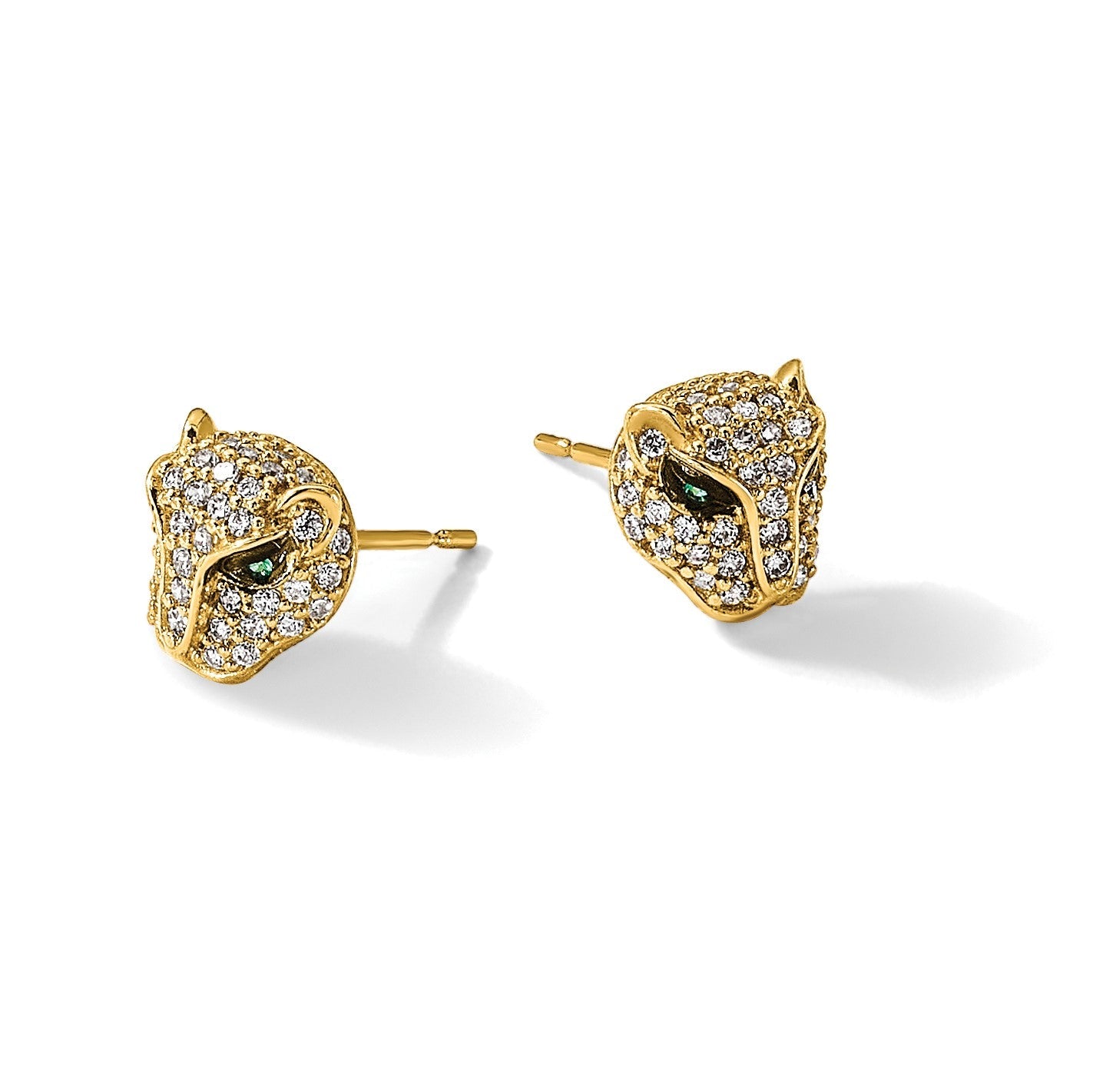 10K Gelbgold 10K Poliert Klar & Grün Zirkonia Lioness Kopf Ohrstecker