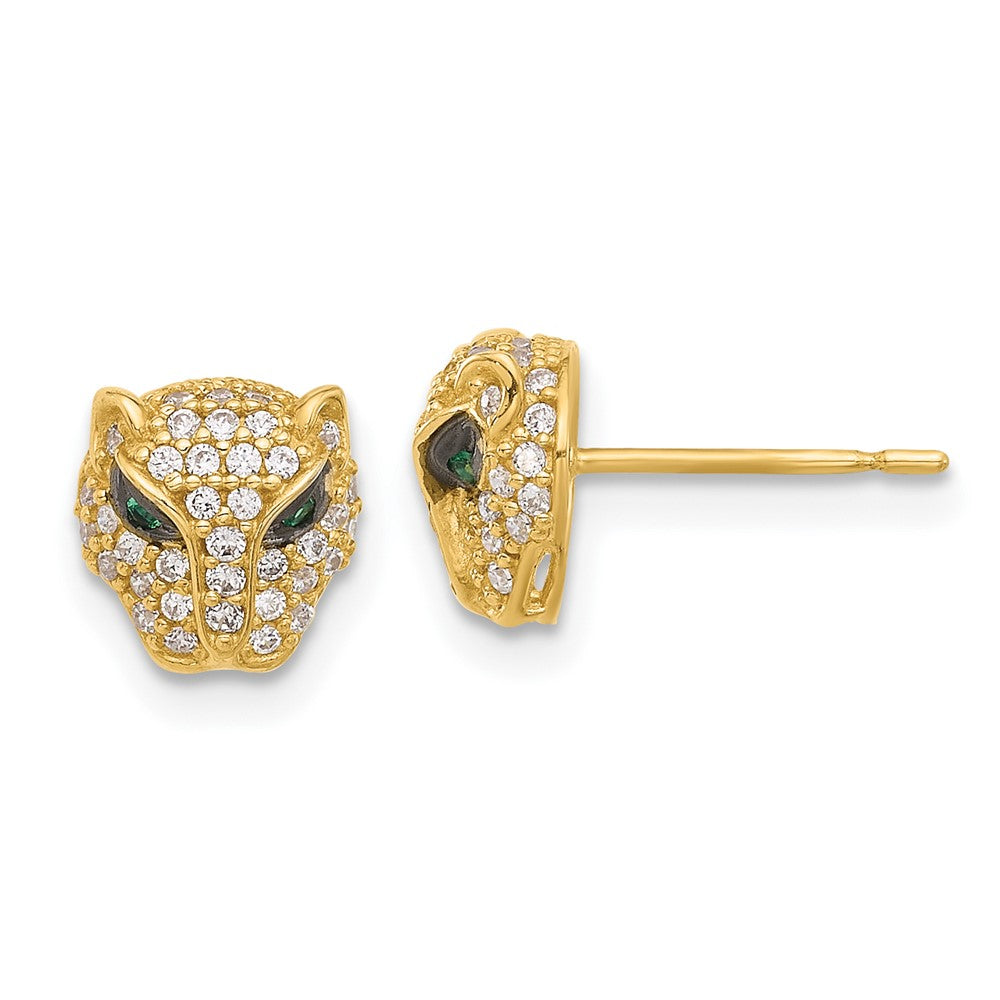 10K Gelbgold 10K Poliert Klar & Grün Zirkonia Lioness Kopf Ohrstecker