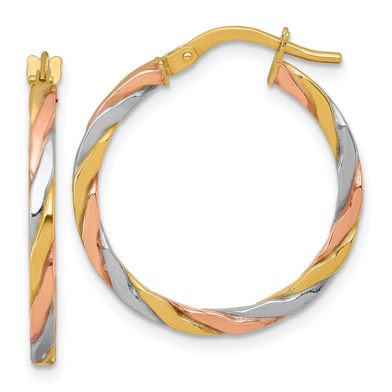 10K Gelb mit Rhodium 10K mit Rose und Weiß Rhodium Poliert Gedreht 2.00 X 24mm Röhre Creolen