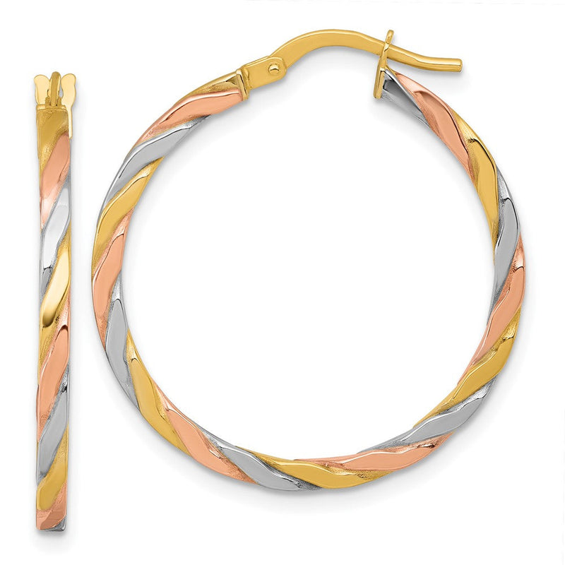 10K Gelb mit Rhodium 10K mit Rose und Weiß Rhodium Poliert Gedreht 2.00 X 28mm Röhre Creolen