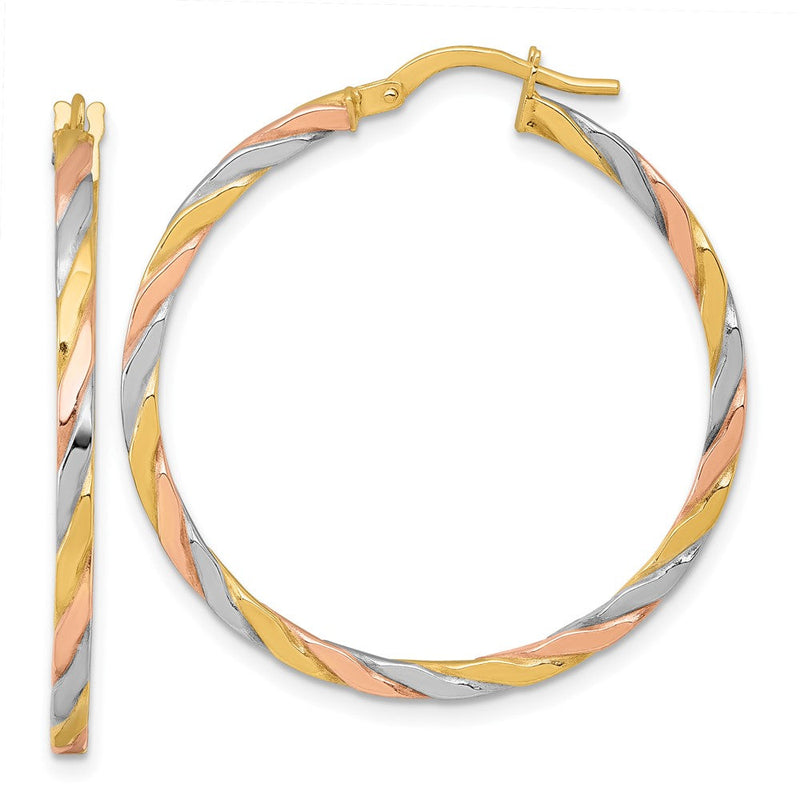 10K Gelb mit Rhodium 10K mit Rose und Weiß Rhodium Poliert Gedreht 2.00 X 34mm Röhre Creolen