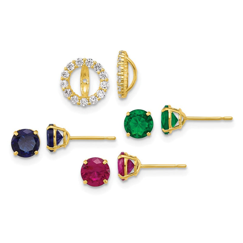 10K Gelbgold Set Of Drei Rot, Blau und Grün Glas Stein Studs mit Zirkonia Heiligenschein Jacke Ohrstecker