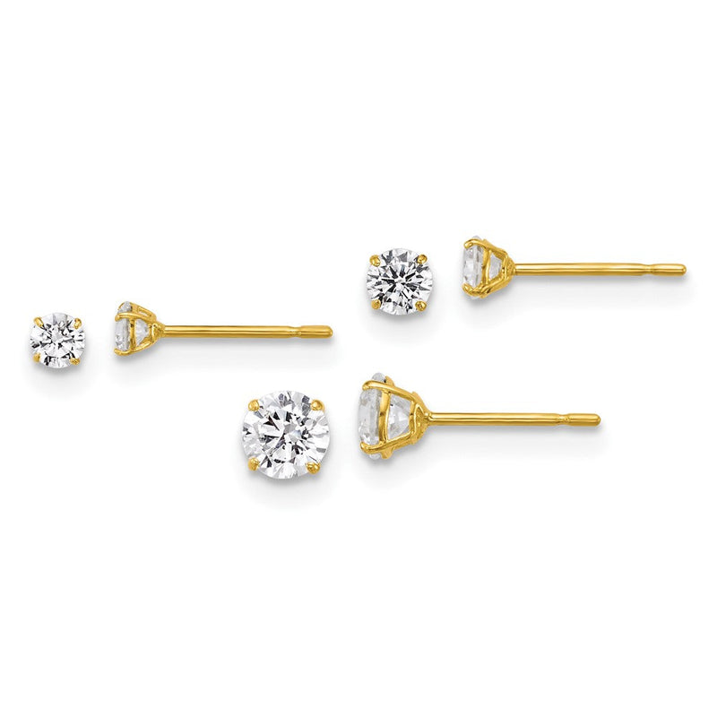 10K Gelbgold Poliert Zirkonia Rund 2.5mm 3.00mm und 4.00mm Set Of 3 Pair Ohrstecker