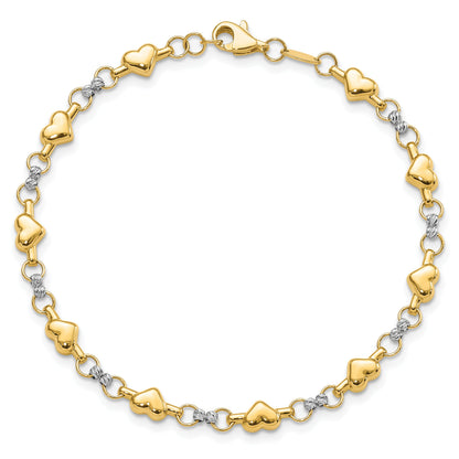 10K Bicolor 10K Poliert Diamantiert Herz 7.5 Zoll Armband