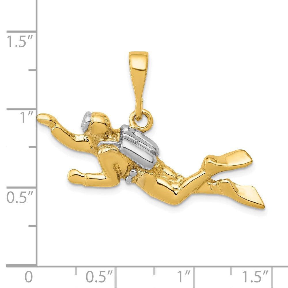 10K Gelb mit Rhodium & Rhodium Poliert Offen-backed Scuba Diver Anhänger