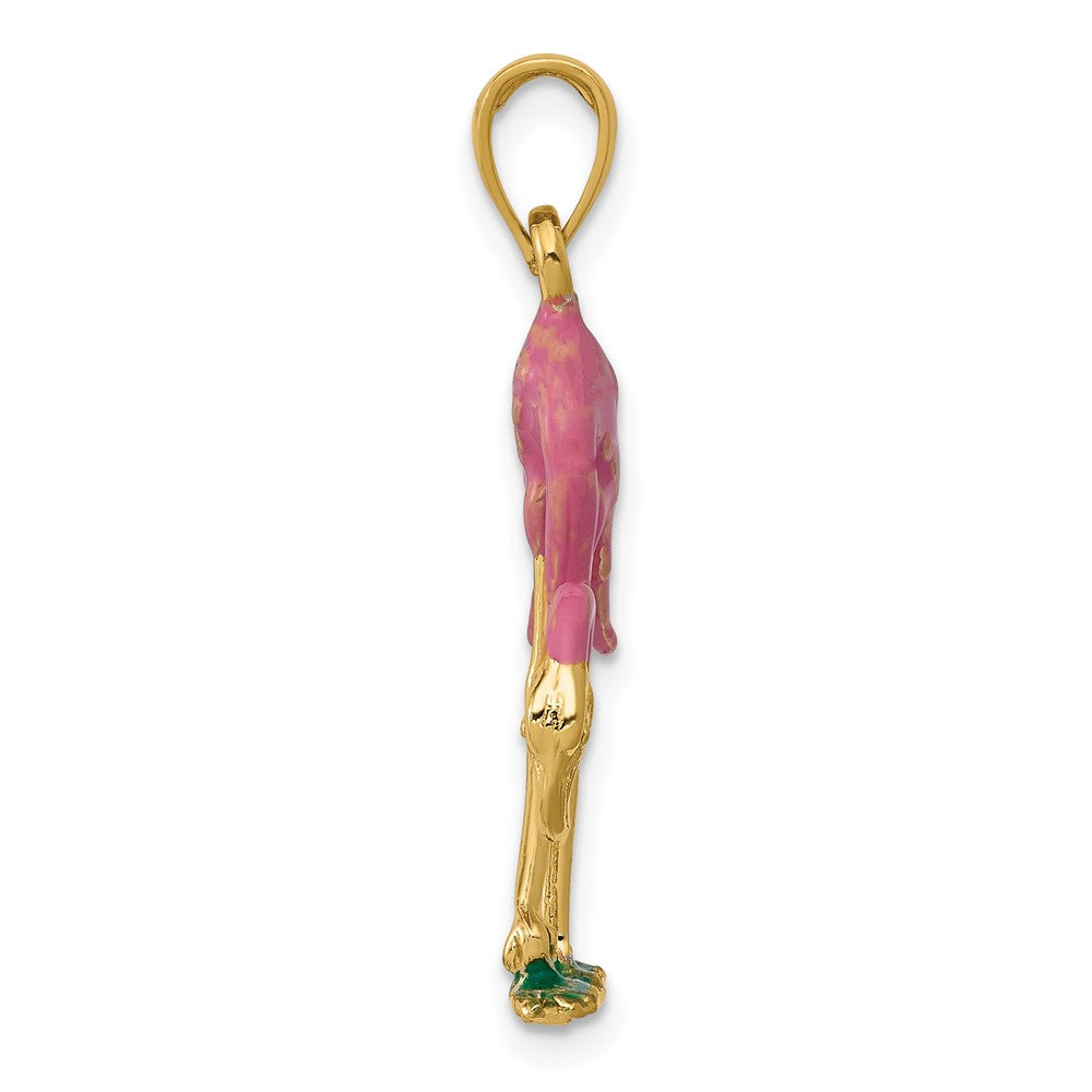 10K Gelbgold Emailliert 3-d Rosa Flamingo Anhänger