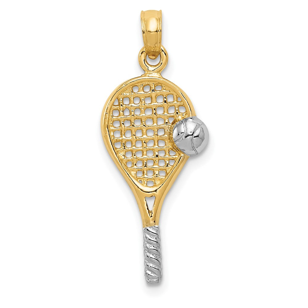 10K Gelb mit Rhodium Poliert Tennis Schläger Anhänger