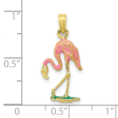 10K Gelbgold 10K 3-d Emailliert Rosa Flamingo Anhänger