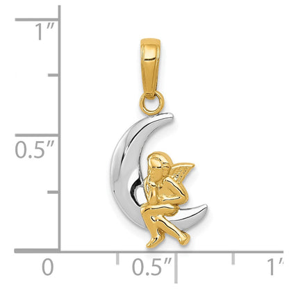 10K Gelb mit Rhodium & Rhodium Poliert Mond mit Engel Anhänger
