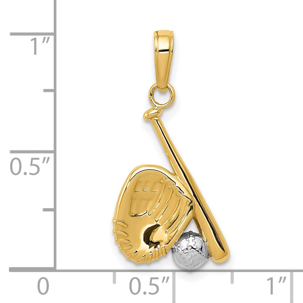 10K Gelb mit Rhodium 10K mit Rhodium Baseball, Bat, und Glove Anhänger