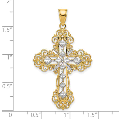 10K Gelb mit Rhodium 10K & Rhodium Poliert Strukturiert Diamant Muster Kreuz Anhänger
