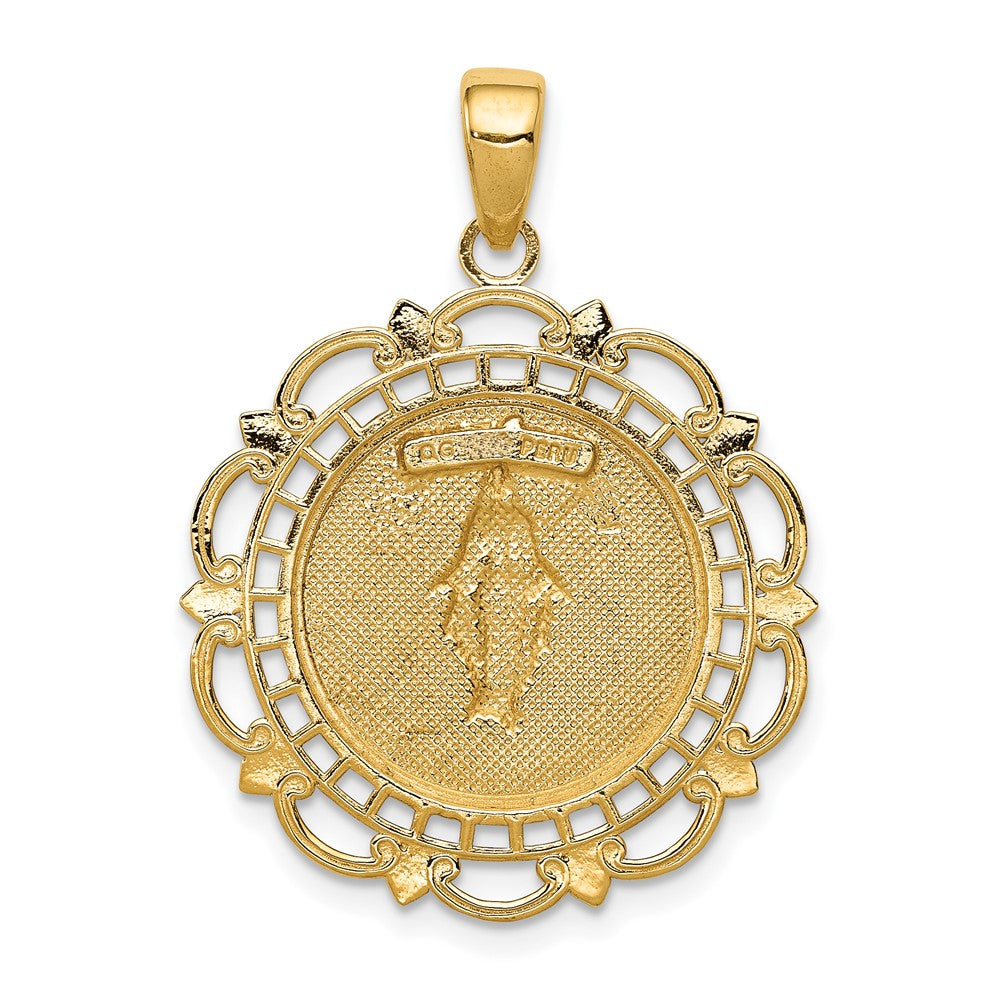 10K Gelbgold 10K Poliert Wundertätig Medaille mit Muschel Rahmen Anhänger