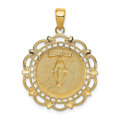 10K Gelbgold 10K Poliert Wundertätig Medaille mit Muschel Rahmen Anhänger