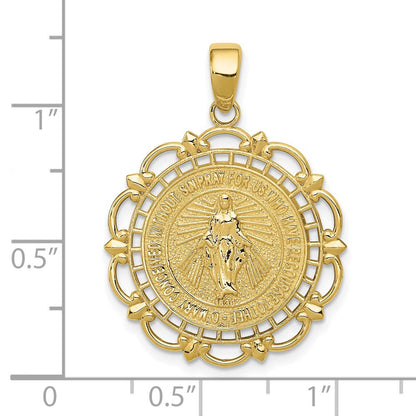 10K Gelbgold 10K Poliert Wundertätig Medaille mit Muschel Rahmen Anhänger