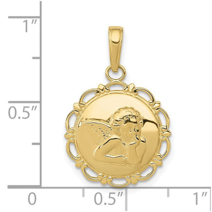 10K Gelbgold 10K Poliert Engel/cherub auf Rund Muschel Rahmen Anhänger