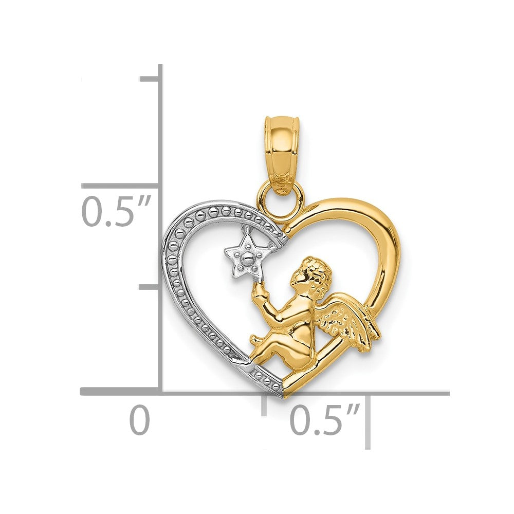 10K Gelb mit Rhodium 10K Engel in Herz mit Stern Anhänger