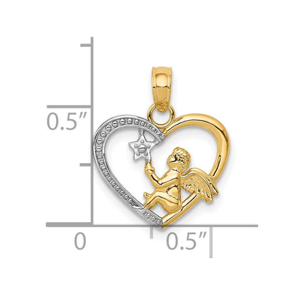 10K Gelb mit Rhodium 10K Engel in Herz mit Stern Anhänger