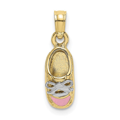 10K Gelb mit Rhodium 10K 3-d Rosa Emaille Baby Schuh Charm