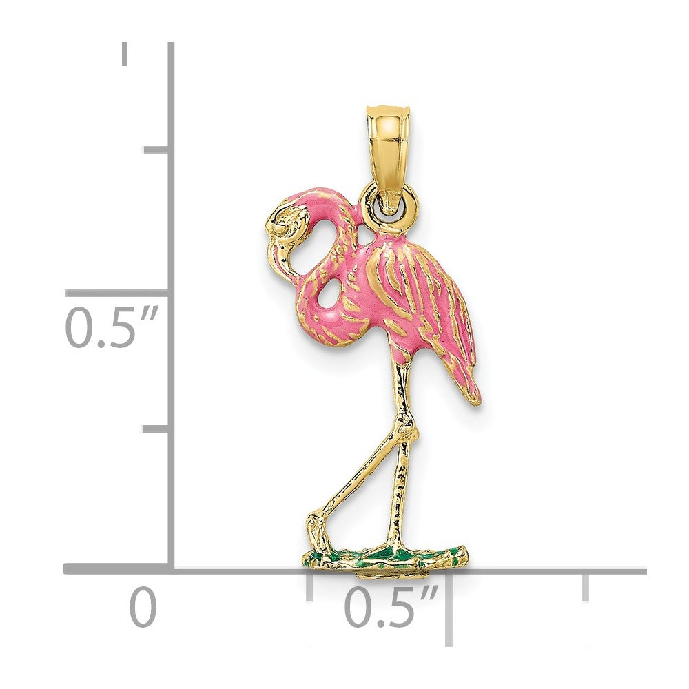 10K Gelbgold 10K 3-d Rosa Emaille Flamingo Charm