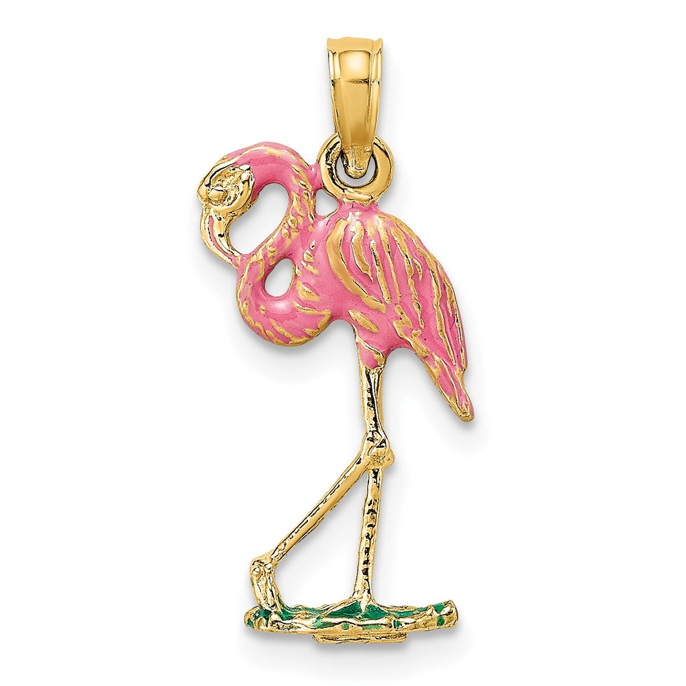 10K Gelbgold 10K 3-d Rosa Emaille Flamingo Charm