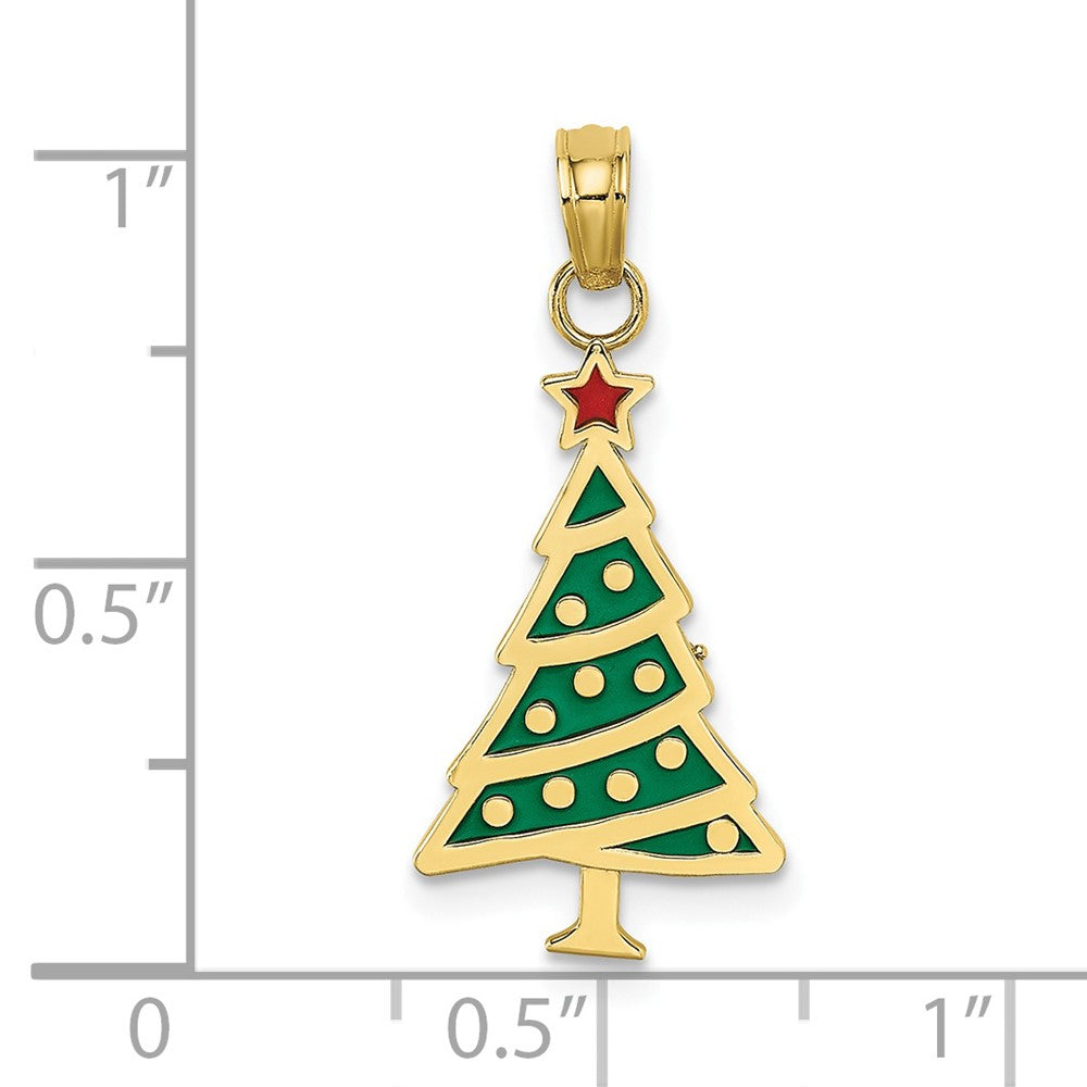10K Gelbgold 10K Emaille Grün Weihnachten Baum mit Rot Stern Charm