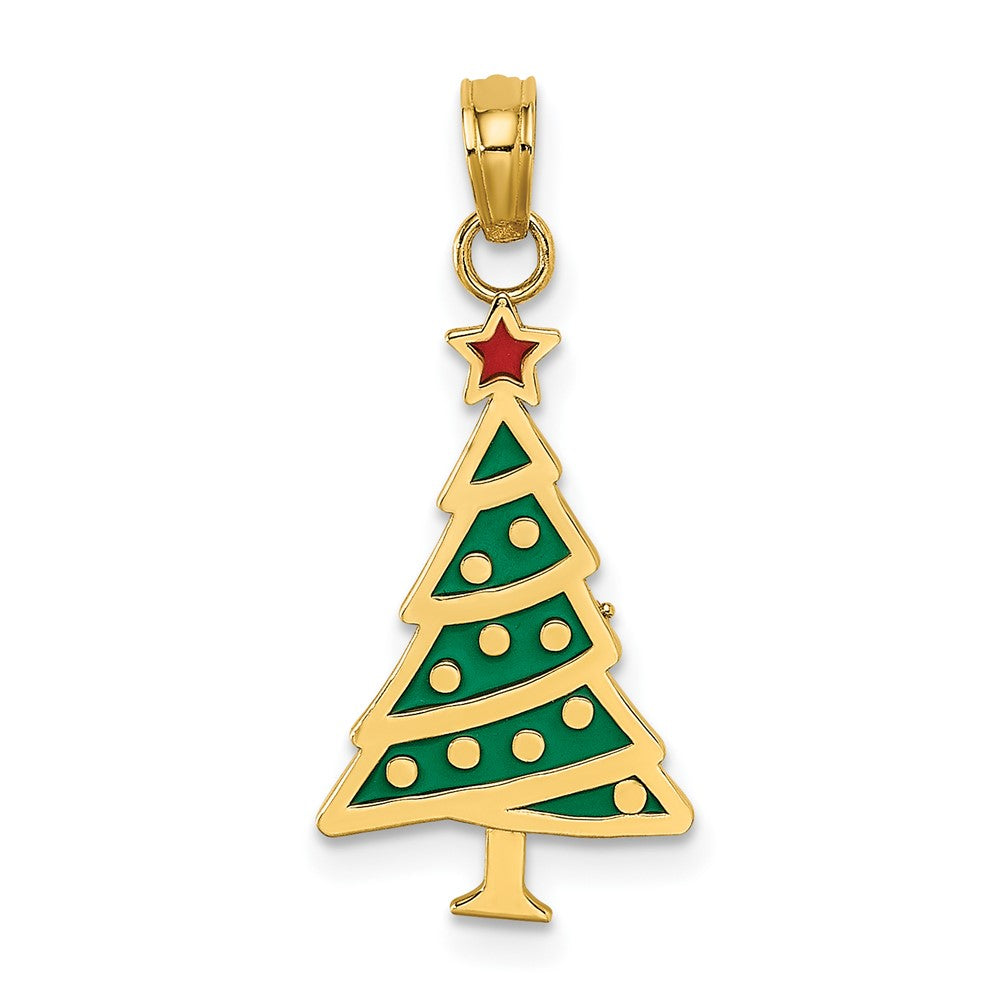 10K Gelbgold 10K Emaille Grün Weihnachten Baum mit Rot Stern Charm