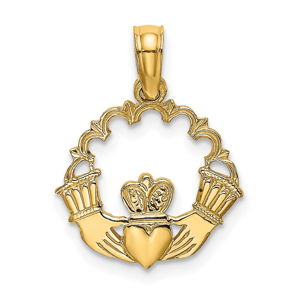 10K Gelbgold 10K Graviert Claddagh in Muschel Kreis Charm