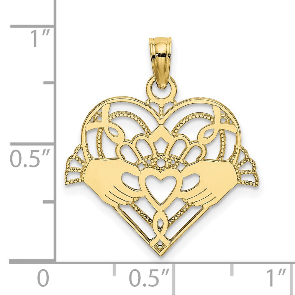 10K Gelbgold 10K Poliert und Gekugelt Claddagh in Herz Charm