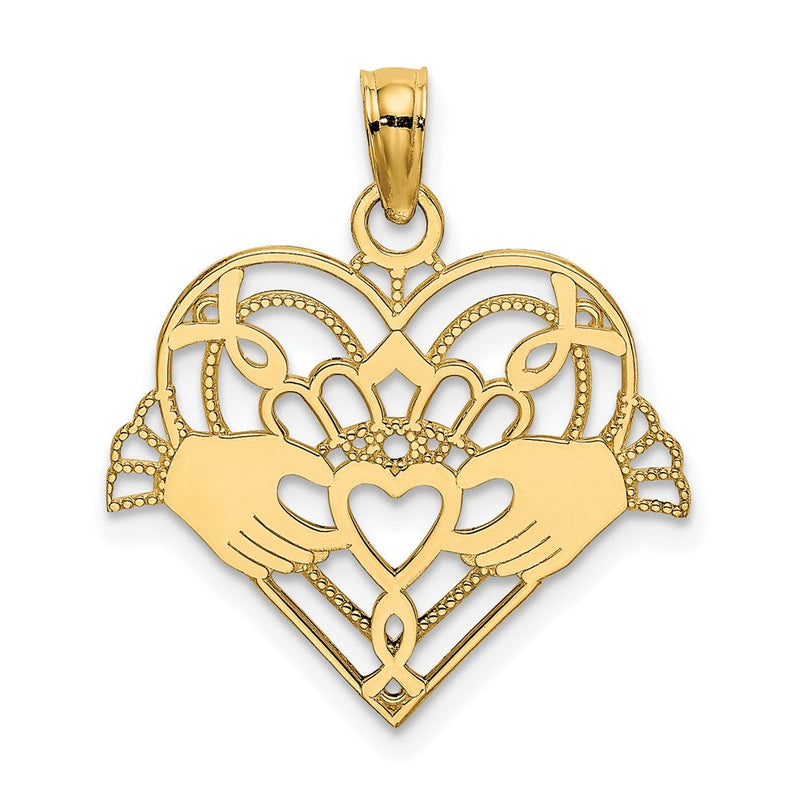 10K Gelbgold 10K Poliert und Gekugelt Claddagh in Herz Charm