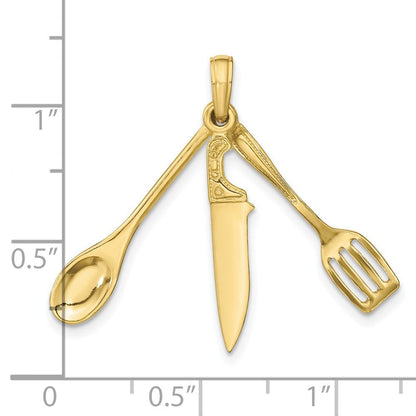 10K Gelbgold 10K 3-d Beweglich Spatula, Spoon, und Messer Charm