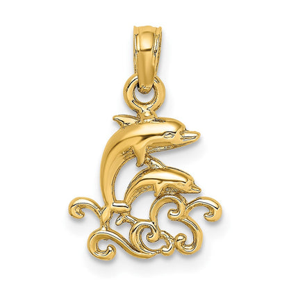 10K Gelbgold 10K Strukturiert Mini Doppelt Dolphins und Waves Charm