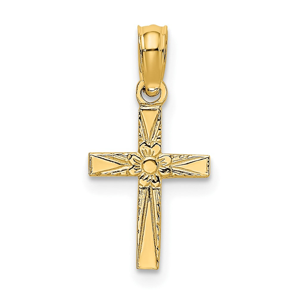 10K Gelbgold 10K Poliert und Graviert Mini Kreuz mit Blume Charm