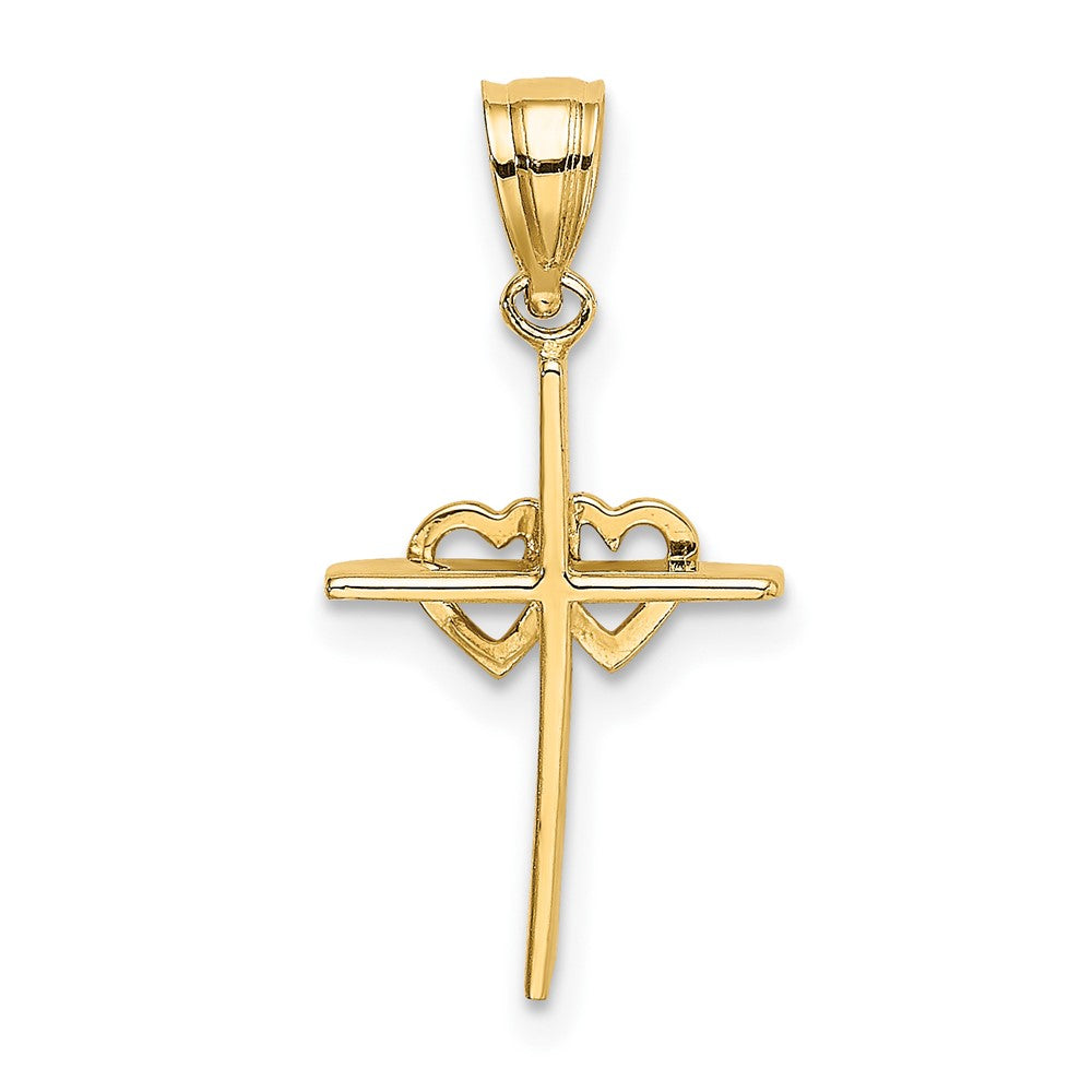 10K Gelbgold 10K Poliert Doppelt Herzen auf Stick Kreuz Charm