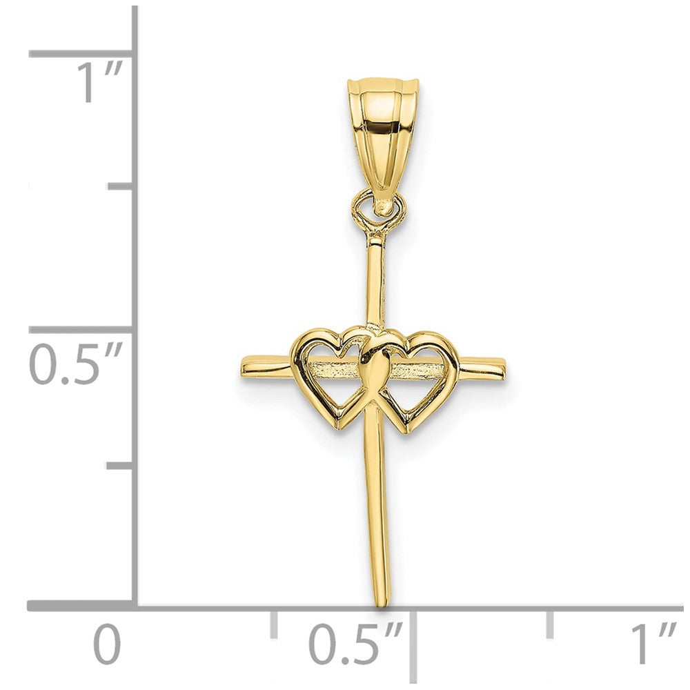10K Gelbgold 10K Poliert Doppelt Herzen auf Stick Kreuz Charm