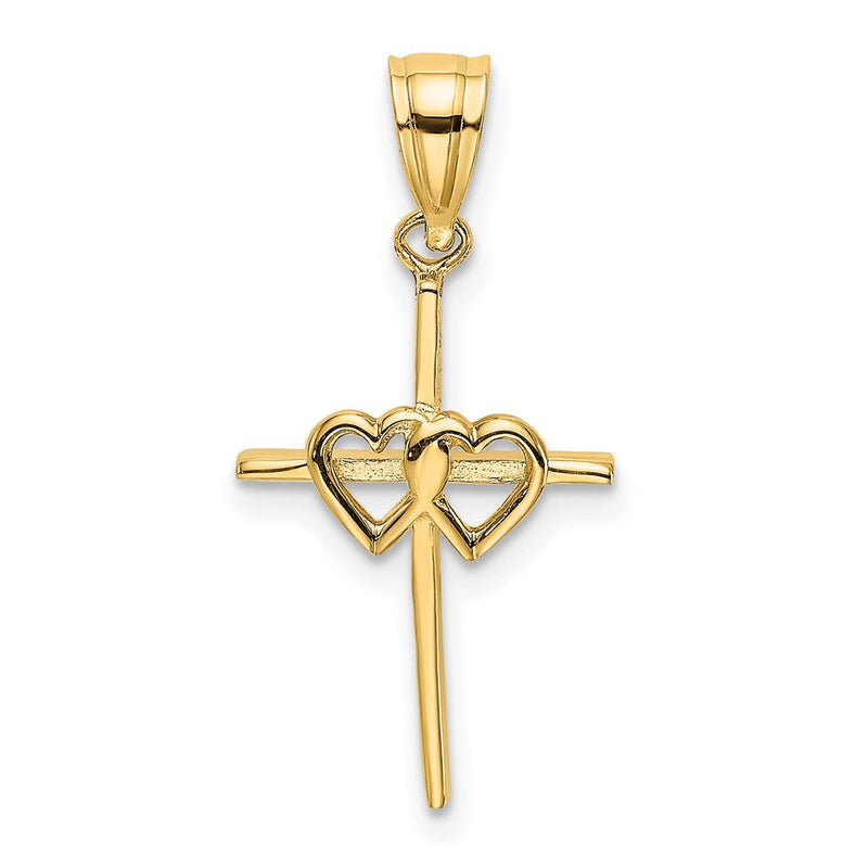 10K Gelbgold 10K Poliert Doppelt Herzen auf Stick Kreuz Charm