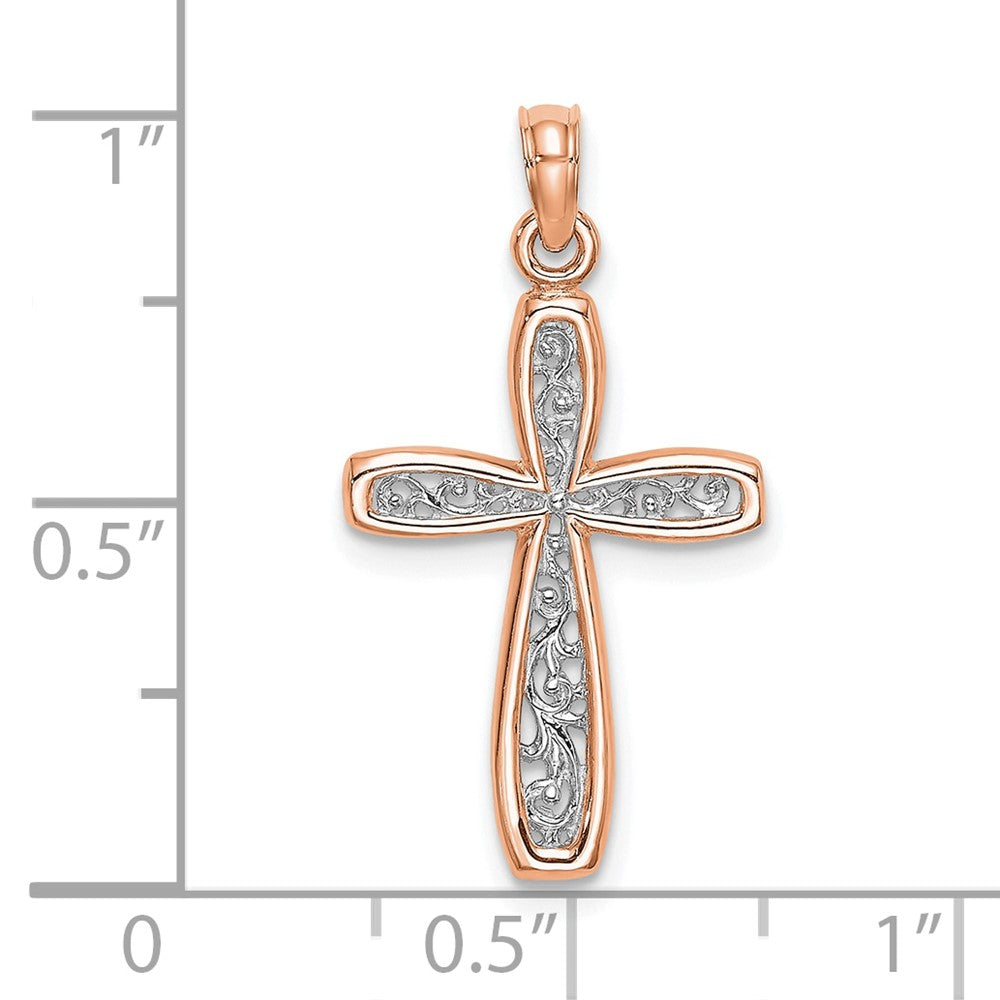 10K Roségold 10K mit Weiß Rhodium Filigran Mittig Rand Kreuz